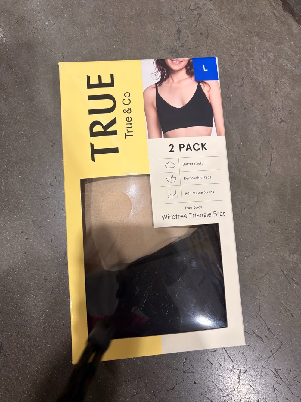 True & Co Black and Nude 2-Pack Wirefree Triangle Bras on sale XL /L only !